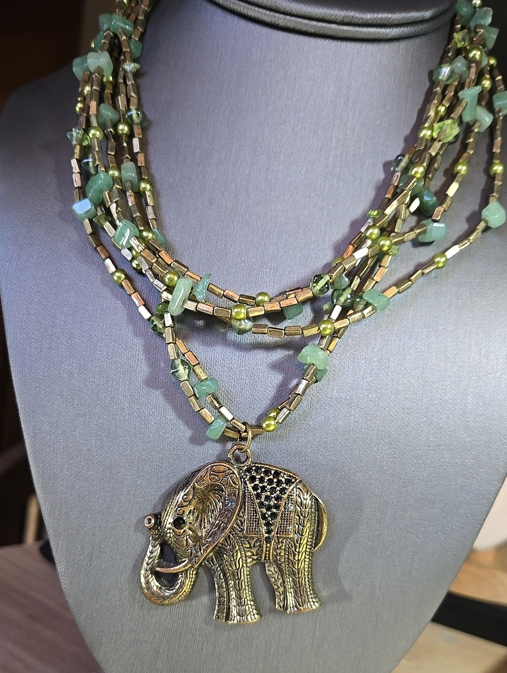 Multi-Strand Green Stone Beaded Necklace with Elephant Pendant